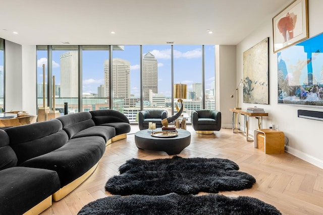 living room with light parquet floors