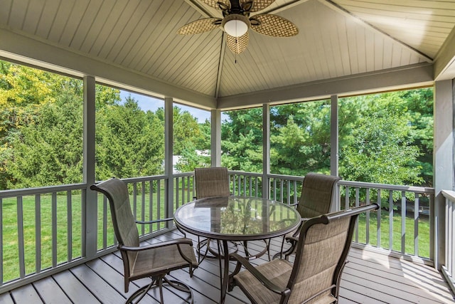 sunroom with ceiling fan and wood ceiling