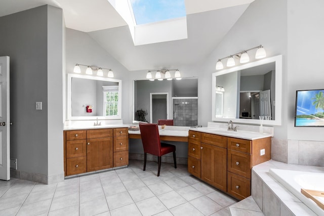 bathroom featuring vanity, high vaulted ceiling, tile patterned floors, a skylight, and shower with separate bathtub