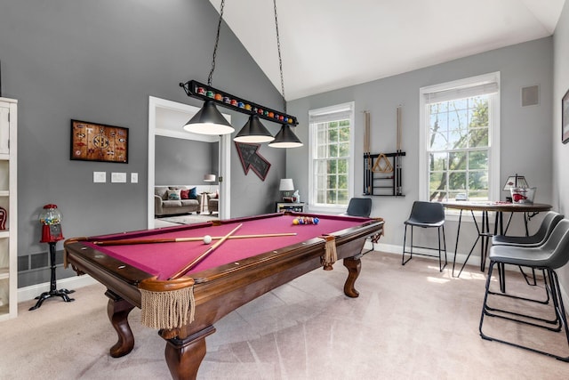 recreation room with light carpet, pool table, and vaulted ceiling