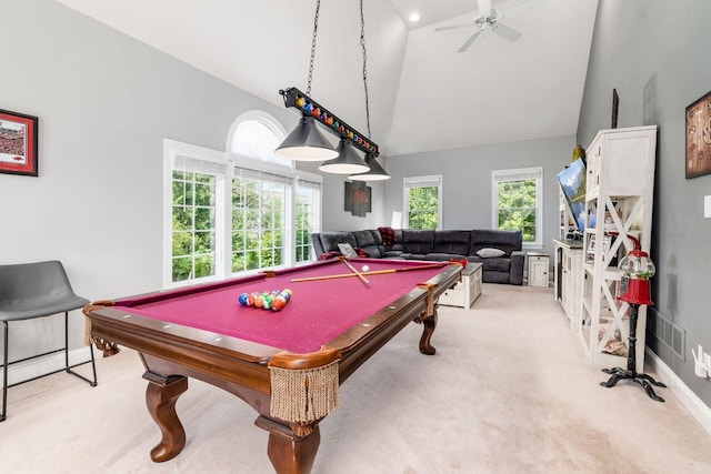 recreation room with ceiling fan, light colored carpet, billiards, and high vaulted ceiling