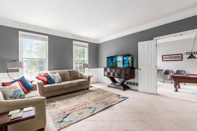 living room with carpet floors, crown molding, and billiards