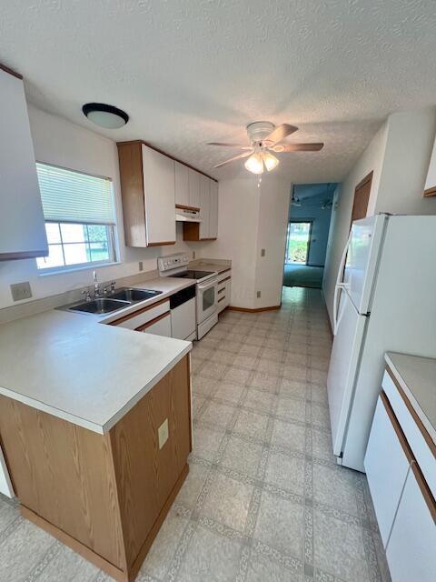 kitchen with white cabinetry, sink, white appliances, ceiling fan, and a textured ceiling