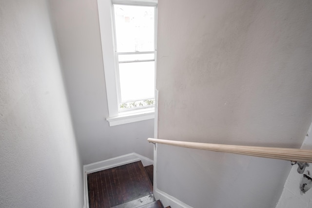 stairs featuring hardwood / wood-style floors