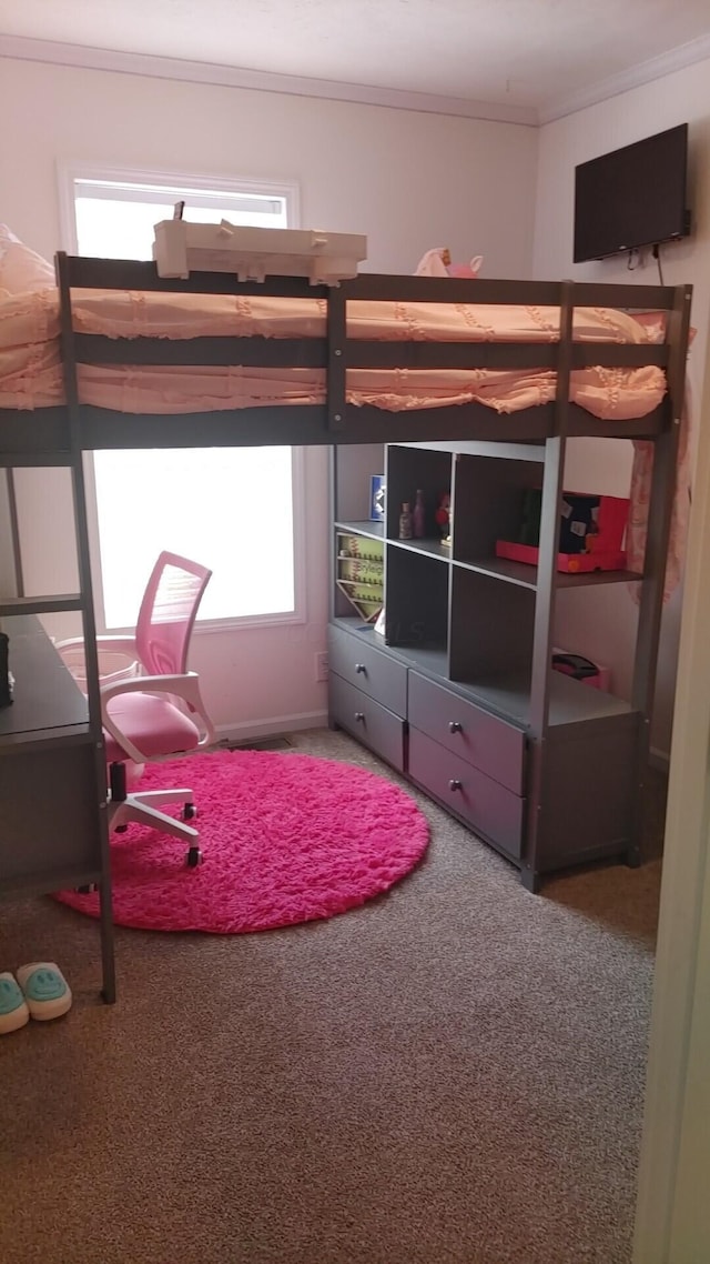 bedroom with carpet, multiple windows, and crown molding