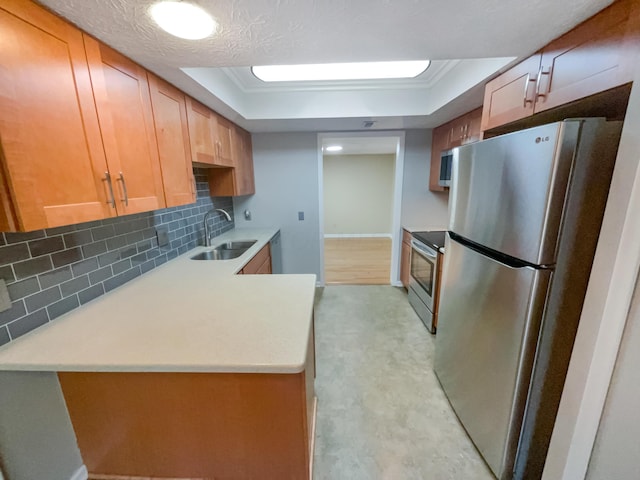 kitchen with crown molding, sink, stainless steel appliances, and a tray ceiling