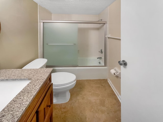 full bathroom with shower / bath combination with glass door, vanity, a textured ceiling, and toilet