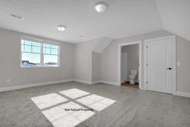 additional living space with vaulted ceiling and light colored carpet