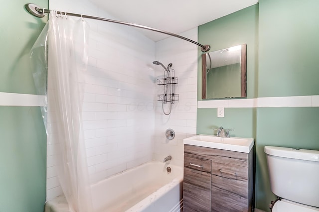 full bathroom with vanity, toilet, and shower / bathtub combination with curtain