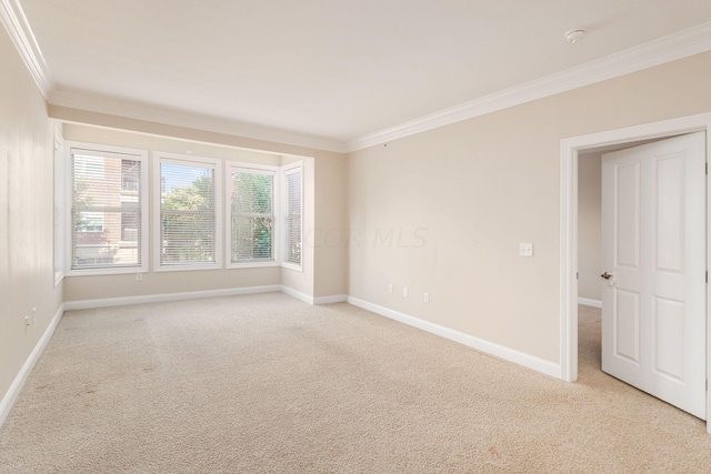 unfurnished room featuring crown molding and light carpet