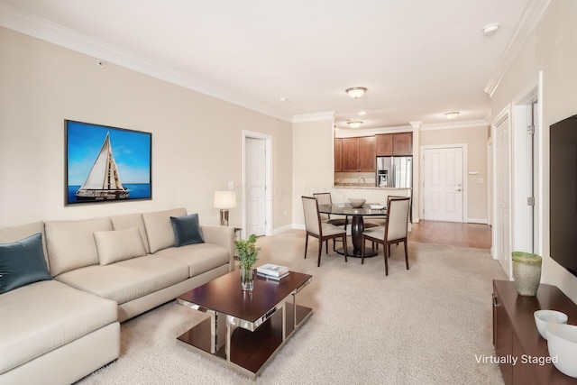 carpeted living room with crown molding