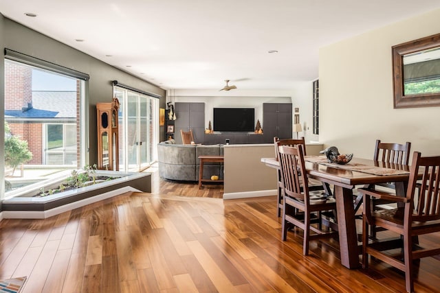 dining space with wood finished floors