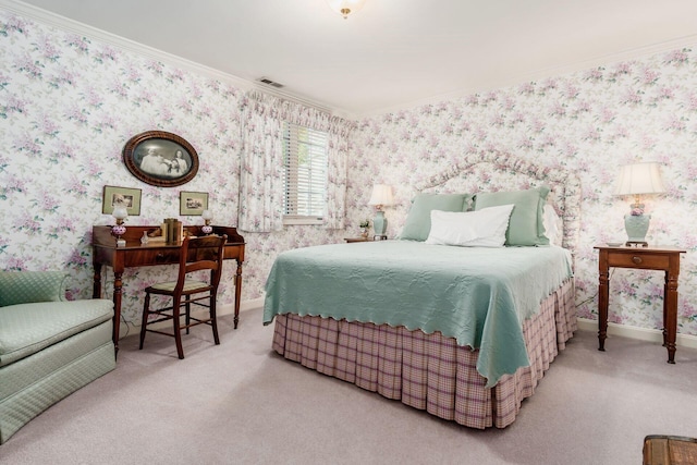 bedroom with carpet flooring and ornamental molding