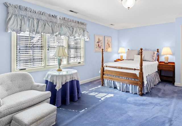 bedroom featuring carpet and crown molding