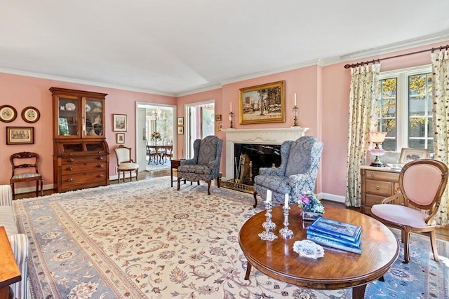 living room with ornamental molding, radiator, and a premium fireplace