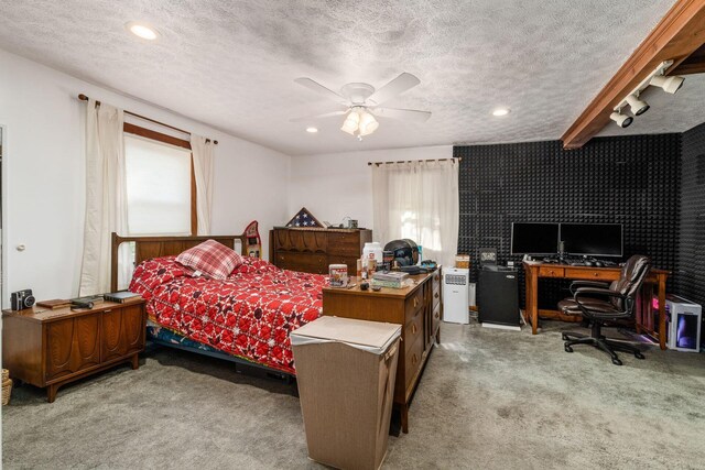 5595 Lancaster Rd, Hebron, OH 43025 - carpeted bedroom with multiple windows, ceiling fan, and a textured ceiling
