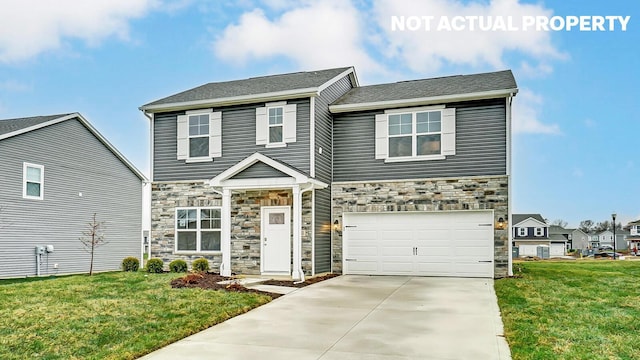 traditional home with a garage, stone siding, driveway, and a front lawn