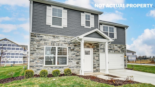 traditional home featuring stone siding and driveway