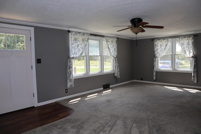 carpeted entryway with ceiling fan, crown molding, and a textured ceiling