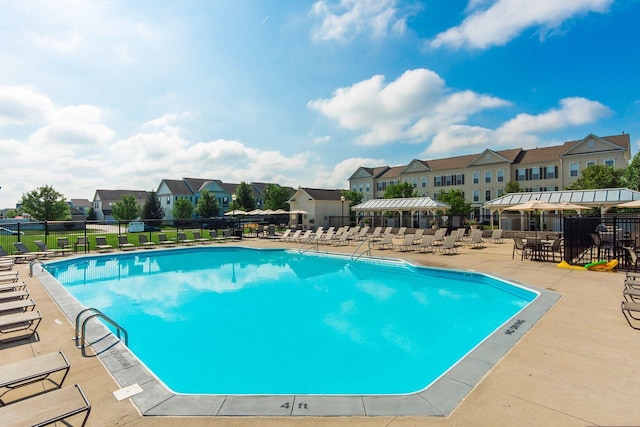 view of swimming pool with a patio area, fence, and a residential view