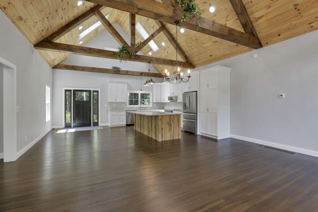 unfurnished living room featuring beam ceiling, high vaulted ceiling, wood ceiling, and dark hardwood / wood-style floors