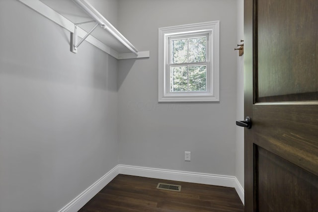 spacious closet featuring dark hardwood / wood-style flooring