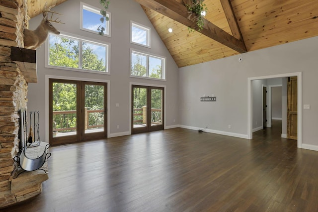 unfurnished living room featuring beam ceiling, high vaulted ceiling, wood ceiling, and dark hardwood / wood-style floors