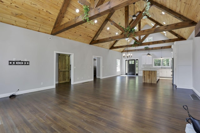 unfurnished living room with beamed ceiling, dark hardwood / wood-style flooring, high vaulted ceiling, and wood ceiling