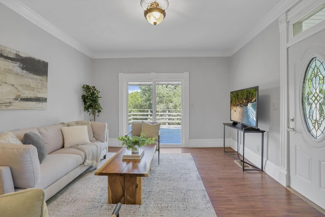 living room with dark hardwood / wood-style flooring and ornamental molding