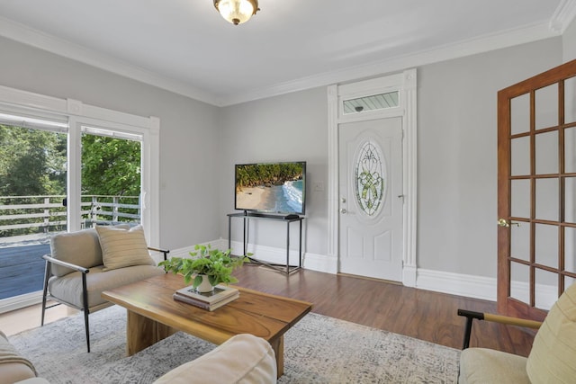 living room featuring hardwood / wood-style floors and ornamental molding