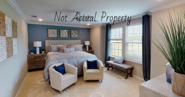 bedroom featuring a textured ceiling, ornamental molding, and light carpet