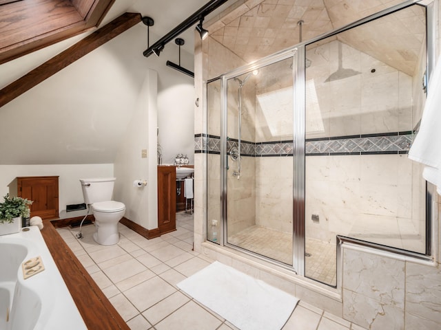 bathroom with tile patterned floors, independent shower and bath, lofted ceiling, and toilet