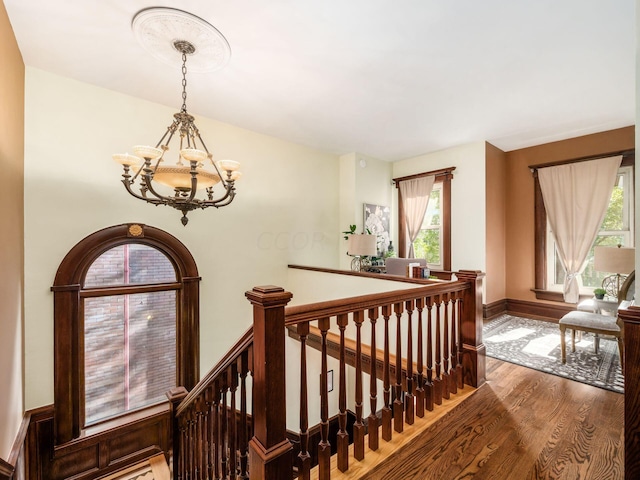 corridor featuring an inviting chandelier and hardwood / wood-style flooring