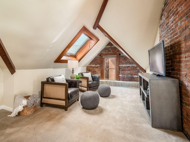 bonus room with lofted ceiling with skylight, carpet, and brick wall