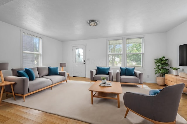 living room featuring a textured ceiling and light hardwood / wood-style floors