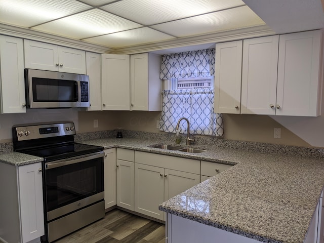 kitchen featuring sink, stainless steel appliances, dark hardwood / wood-style floors, light stone counters, and white cabinets