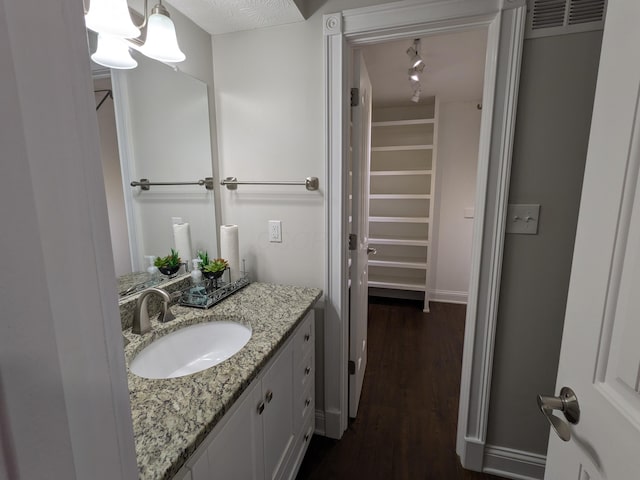 bathroom with hardwood / wood-style flooring, vanity, and rail lighting