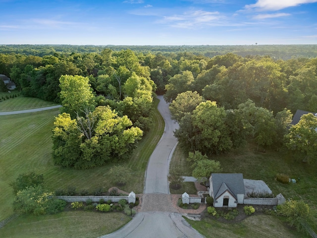 bird's eye view featuring a wooded view