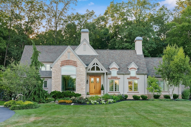 view of front of property with a chimney, stone siding, and a front lawn