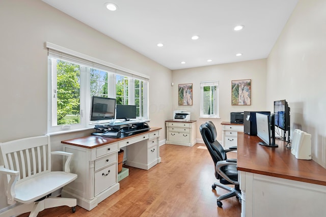 office space with recessed lighting and light wood-type flooring