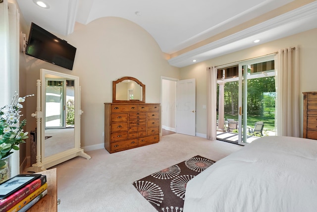 carpeted bedroom featuring access to outside, baseboards, multiple windows, and lofted ceiling