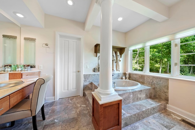 bathroom featuring a garden tub, visible vents, vanity, baseboards, and recessed lighting