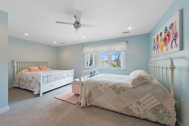 bedroom featuring visible vents, a ceiling fan, carpet flooring, and recessed lighting