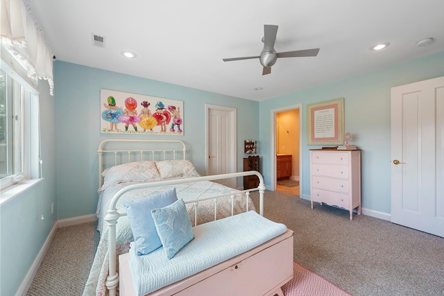 bedroom featuring ceiling fan, visible vents, baseboards, carpet flooring, and recessed lighting