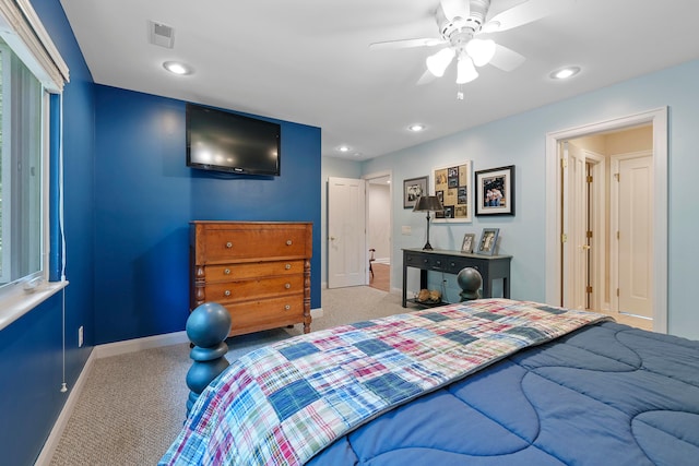 bedroom with visible vents, recessed lighting, carpet, and baseboards