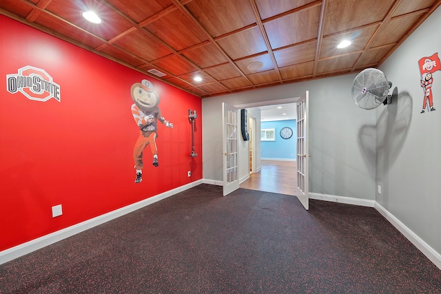 interior space with french doors, visible vents, wooden ceiling, baseboards, and recessed lighting