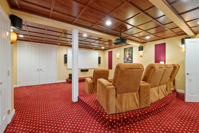 home theater with carpet floors, baseboards, wood ceiling, and recessed lighting