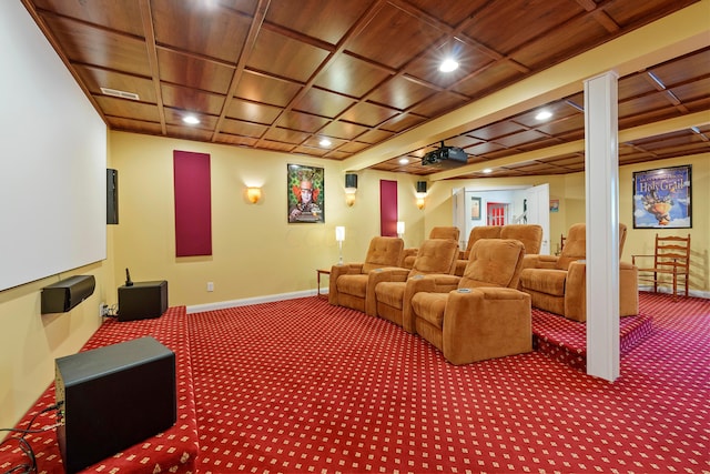 cinema with carpet floors, visible vents, baseboards, recessed lighting, and wooden ceiling