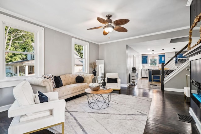 living room featuring ceiling fan with notable chandelier, dark hardwood / wood-style floors, plenty of natural light, and crown molding