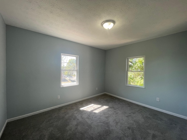 unfurnished room featuring dark colored carpet, a textured ceiling, and a wealth of natural light